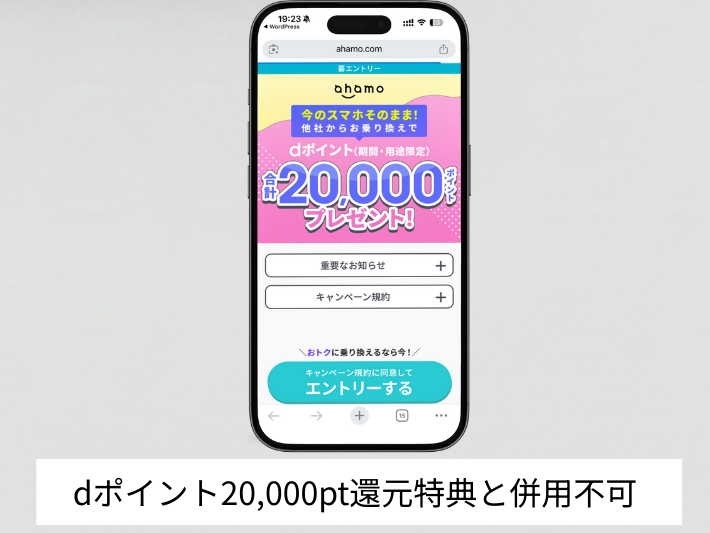 dポイント20,000pt還元特典とは併用できない