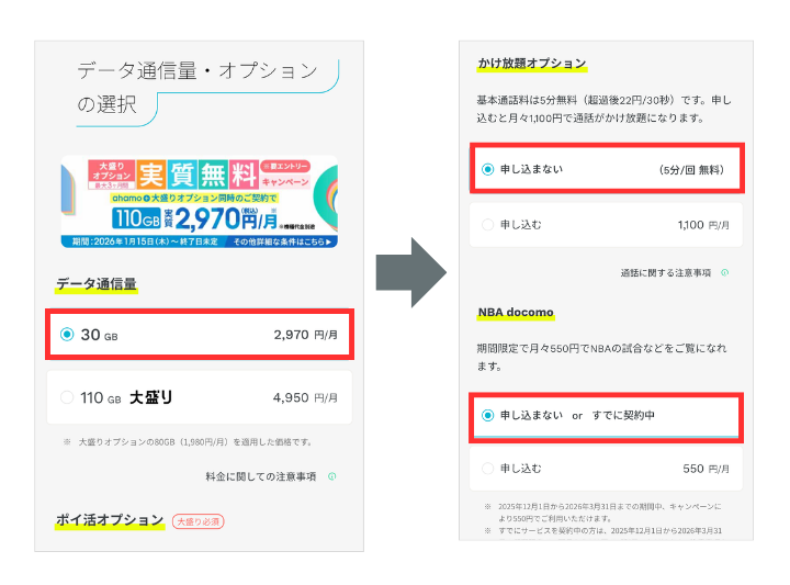 データ容量・オプションを選択する