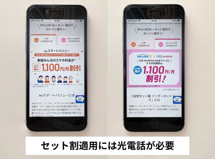 au・UQモバイルのセット割を使うには光電話が必要