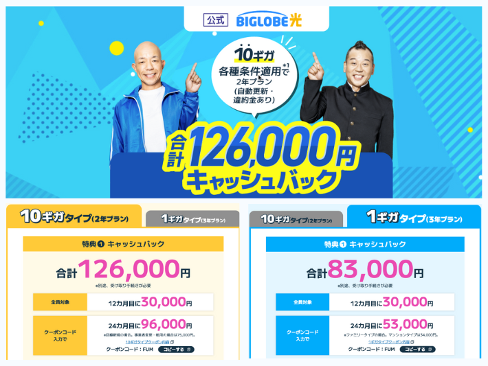 BIGLOBE光のキャッシュバックはクーポンコードで最大12,6000円!