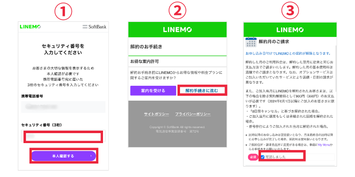 セキュリティ番号を入力して解約手続きに進む