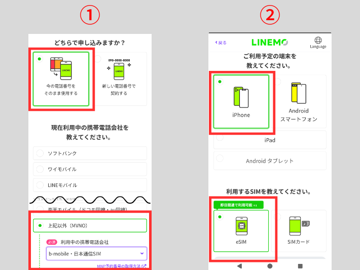 申し込み種別とSIMタイプを選択する