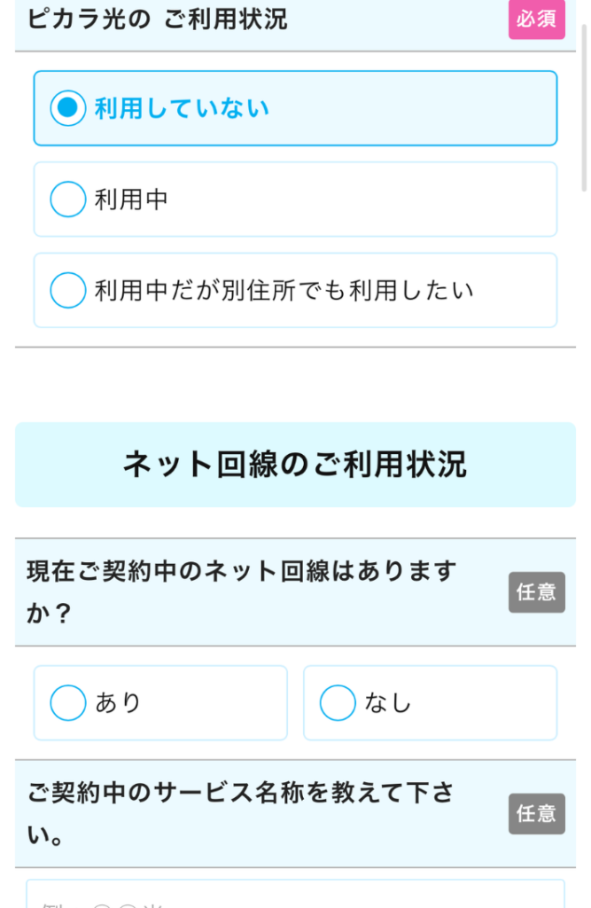 ピカラ光の利用状況や現在のネット利用状況を入力する