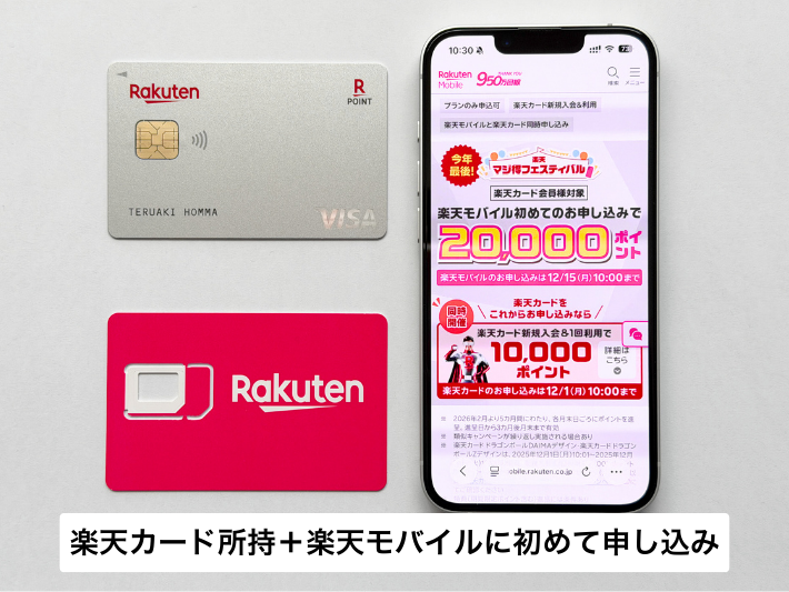 楽天カード所持+楽天モバイルに初めて申し込みで20,000ポイント進呈
