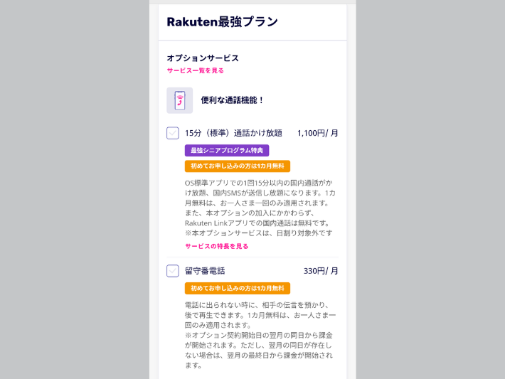 オプションはすべて不要(通話かけ放題・端末保証など)